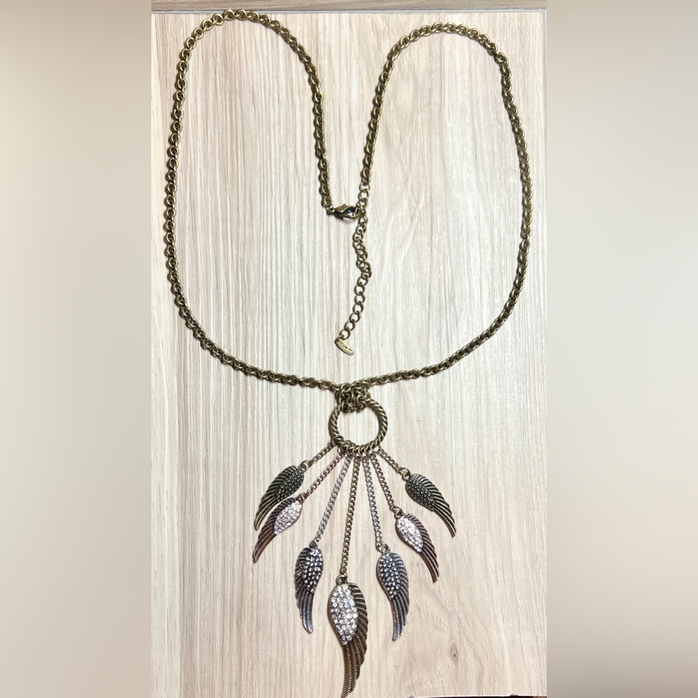 Vintage VCLM Bronze Tone Wing Chandelier Necklace With Cubic Zirconia Accents - Picture 3 of 4